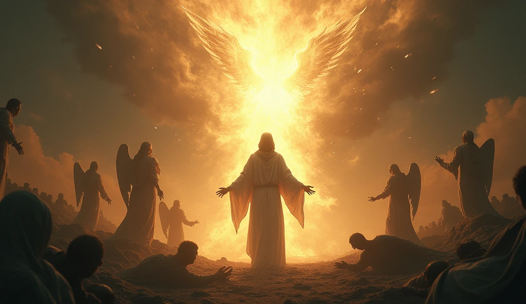 Create a powerful and reassuring image inspired by the phrase 'Though a thousand may fall at your side, and ten thousand at your right hand, you will not be harmed because God is protecting you.' Visualize a dramatic scene where chaos or danger unfolds around a central figure, yet this person stands unharmed and calm. Depict the surrounding area with elements like fallen figures or dark forces, contrasted by a protective, divine light or aura enveloping the central figure. The divine presence could be symbolized by a glowing shield, angelic figures, or an ethereal barrier that keeps all harm at bay. The overall atmosphere should convey a strong sense of divine protection, safety, and the miraculous power of faith in the midst of overwhelming adversity.