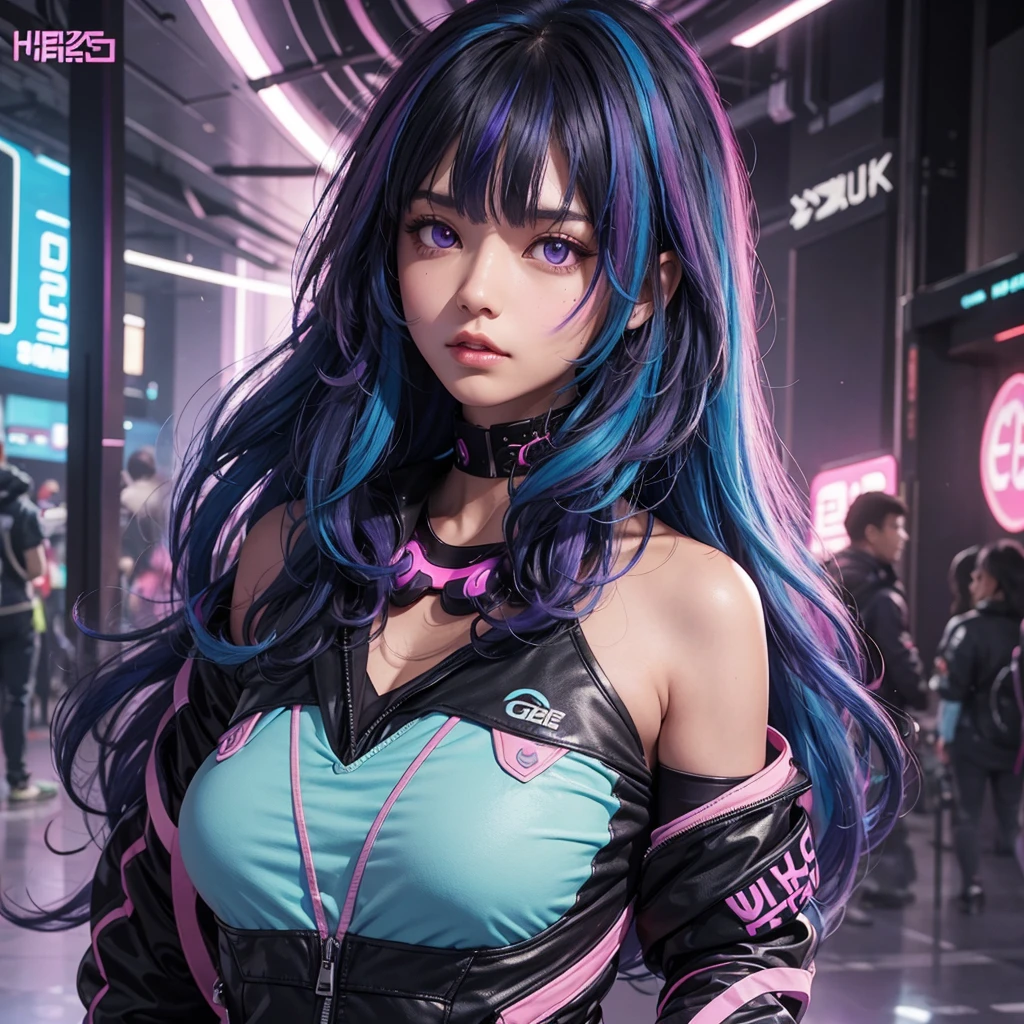 a tanned skinned girl, straight shoulder length hair with bangs, black with blue highlights, purple and pink, with dark purple eyes, serious expression, cyberpunkstyle