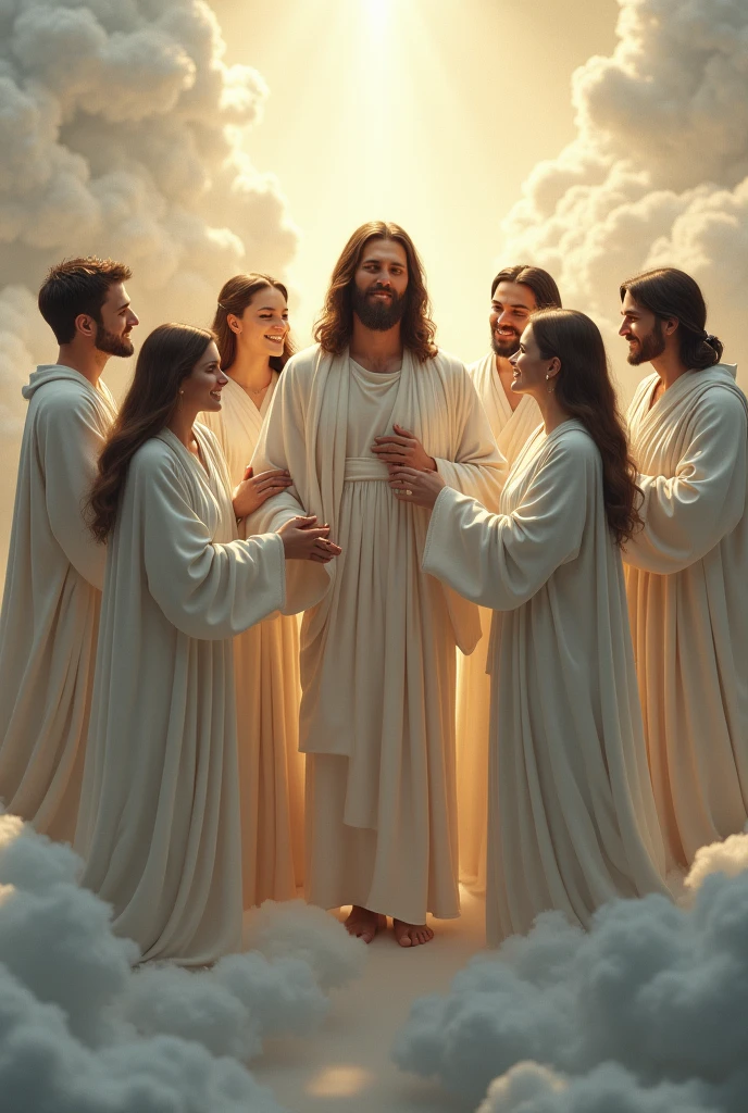 Create a group of men and women dressed in white robes, reunited with Jesus, and hugging him between the clouds of heaven 