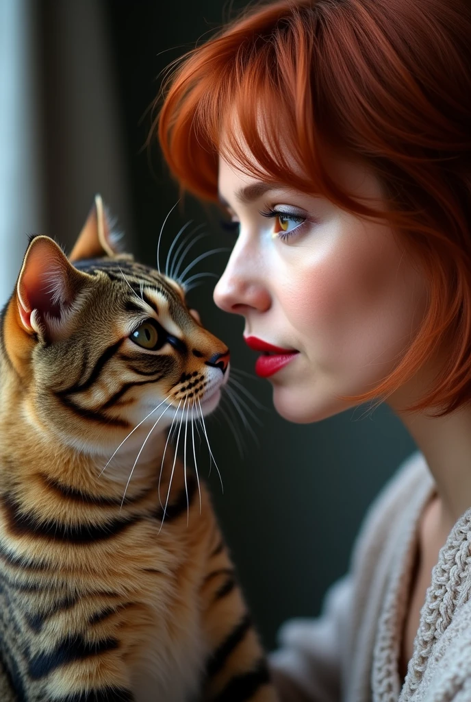 Brunette girl with short shoulder-length red hair and red lips, Oval face, body build of 80 kilos, she is not skinny, His eyes go from black to brown, with his Bengal tabby cat, staring at each other