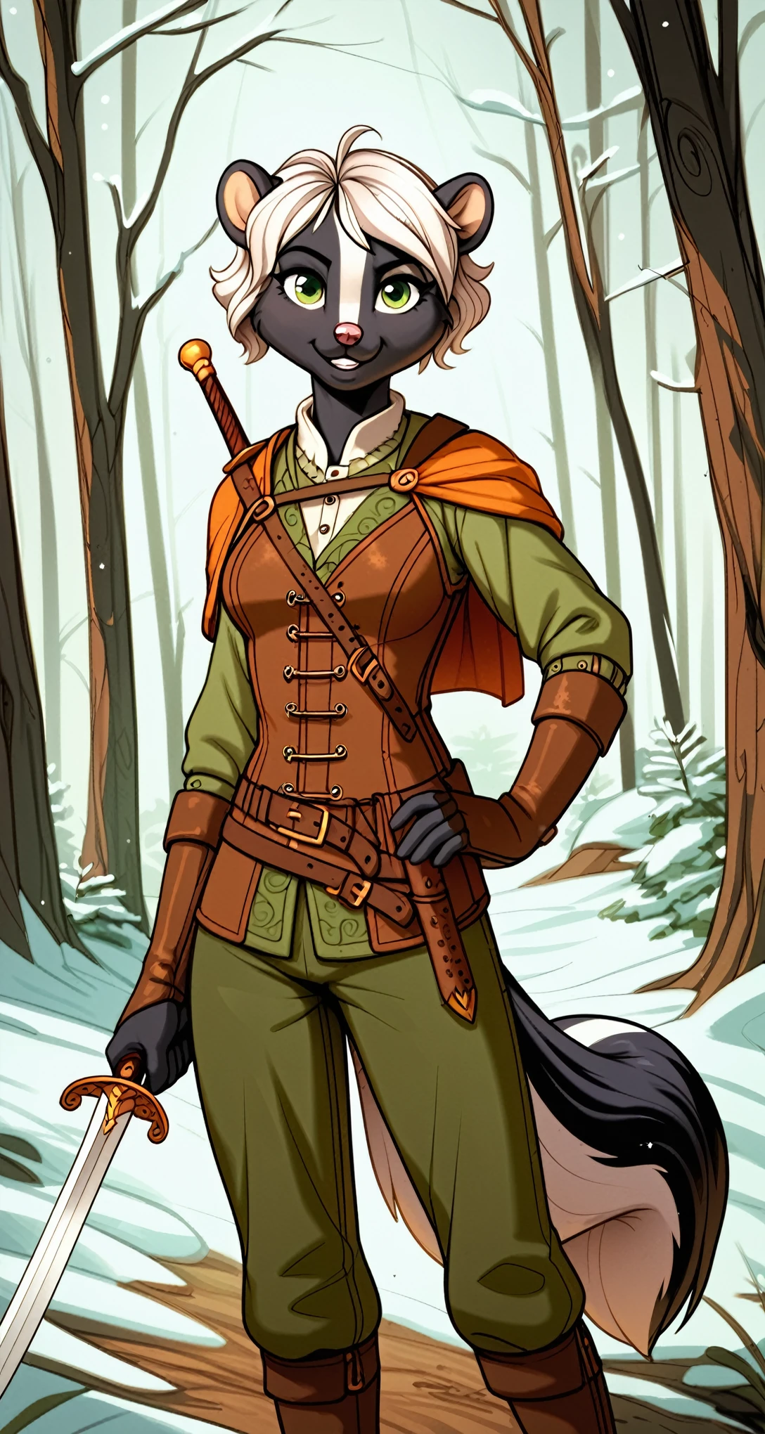 ((best quality)) Solo, hi_res, score_9,score_8_up,score_7_up, score_6_up, score_5_up, score_4_up, source_furry, Antro furry female skunk, wavy medium haircut, fur all over body, black white fur, green eyes, skunk tail, standing in the winter forest, Wearing celtic medieval warrior clothes ,holding sword , full outfit, ready to fight, Safe content, ((high quality)),
