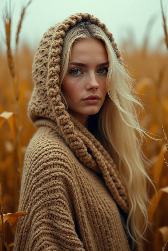 cinematographic photo Create a vivid description capturing the essence of a slender blond hippy women with wearing a boldly patterned chunky knit hooded Cape, look directly into the camera., in a tall golden corn festival field. The surreal scene is further enhanced as her long hair seamlessly merges with the Vibrant background. raw photo, a red sunset landscape, photorealistic, very detailed texture, 8k hd, DSLR, Soft lighting, high quality, movie grain, Fujimovie XT3, Very detailed photography, (Muted colors, cinematographic, muted colors, calming tones:1.2), Vibrant, incredibly detailed, hyperdetailed, (dark shot:1.2), (vsco:0.3), (intricate details:0.9), (HdR, hyperdetailed:1.2) atmospheric fog, grano de la movie, cinematographic movie still, shallow depth of field, Very detailed, high budget, cinemascope, moody, epic, General detail, gorgeous, Vintage RAW photo from the 2000s, photorealistic, candid camera, color graded cinematographic, reflectors for eyes, atmospheric lighting, skin pores, Imperfections, natural, Low Kelvin, cinematographic photorealistic, 8k hd natural lighting, raw, rico, intricate details, Clave visual, atmospheric lighting, 35mm photography, movie, bokeh, professional, 4k, Very detailed . 35mm photography, movie, bokeh, professional, 4k, Very detailed-, smiling.