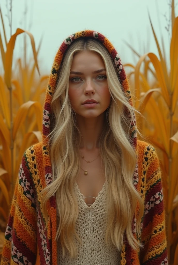 cinematographic photo Create a vivid description capturing the essence of a slender blond hippy women with wearing a boldly patterned chunky knit hooded Cape, look directly into the camera., in a tall golden corn festival field. The surreal scene is further enhanced as her long hair seamlessly merges with the Vibrant background. raw photo, a red sunset landscape, photorealistic, very detailed texture, 8k hd, DSLR, Soft lighting, high quality, movie grain, Fujimovie XT3, Very detailed photography, (Muted colors, cinematographic, muted colors, calming tones:1.2), Vibrant, incredibly detailed, hyperdetailed, (dark shot:1.2), (vsco:0.3), (intricate details:0.9), (HdR, hyperdetailed:1.2) atmospheric fog, grano de la movie, cinematographic movie still, shallow depth of field, Very detailed, high budget, cinemascope, moody, epic, General detail, gorgeous, Vintage RAW photo from the 2000s, photorealistic, candid camera, color graded cinematographic, reflectors for eyes, atmospheric lighting, skin pores, Imperfections, natural, Low Kelvin, cinematographic photorealistic, 8k hd natural lighting, raw, rico, intricate details, Clave visual, atmospheric lighting, 35mm photography, movie, bokeh, professional, 4k, Very detailed . 35mm photography, movie, bokeh, professional, 4k, Very detailed-, smiling.