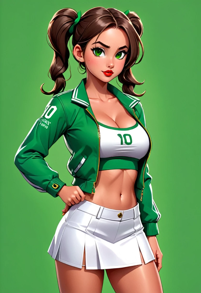 female ben tennyson, detailed face, green eyes, long brown twin pigtails braided hair, green jacket with number 10, black tank top, ((white short skirt)), full body, ((visible cameltoe)), shy face, 1girl, solo, nipples, thick body, ((big breast)), red lipstick, sexy pose, visible cleavage, wearing green watch