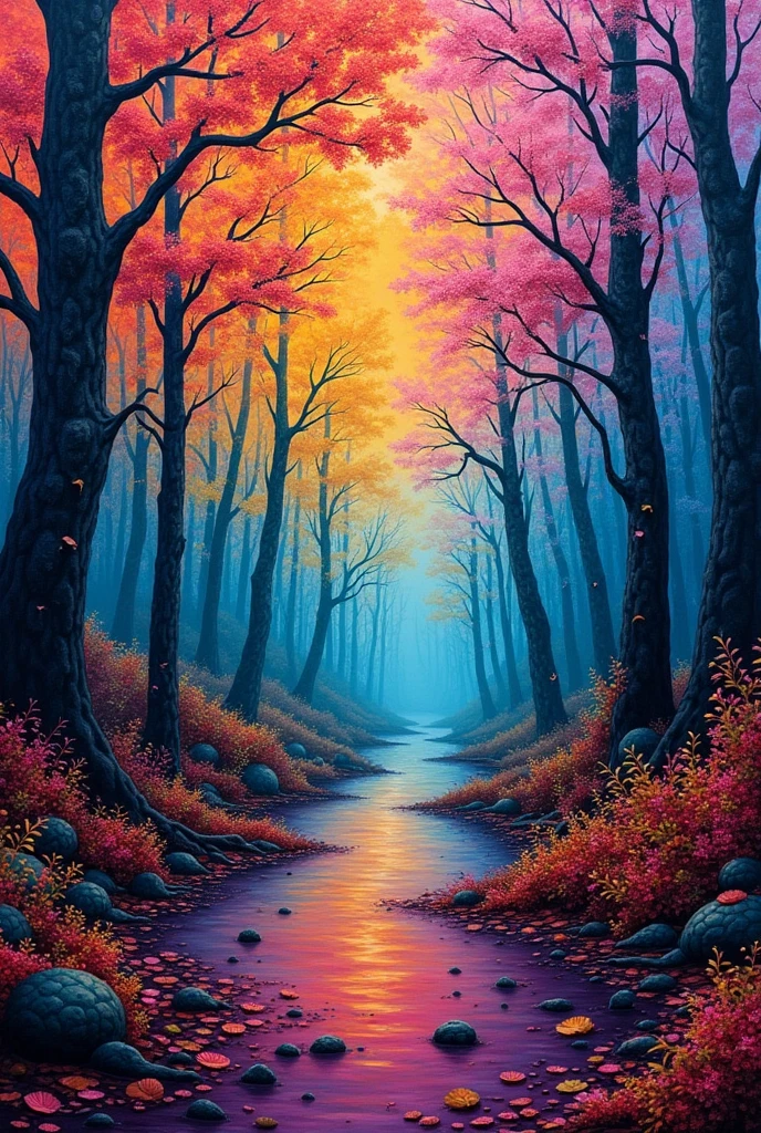 Painting of an autumn forest landscape, Psychedelic style, swirly vibrant colors, rotating patterns, abstract shapes, surreal, mind blowing, fullcolor.