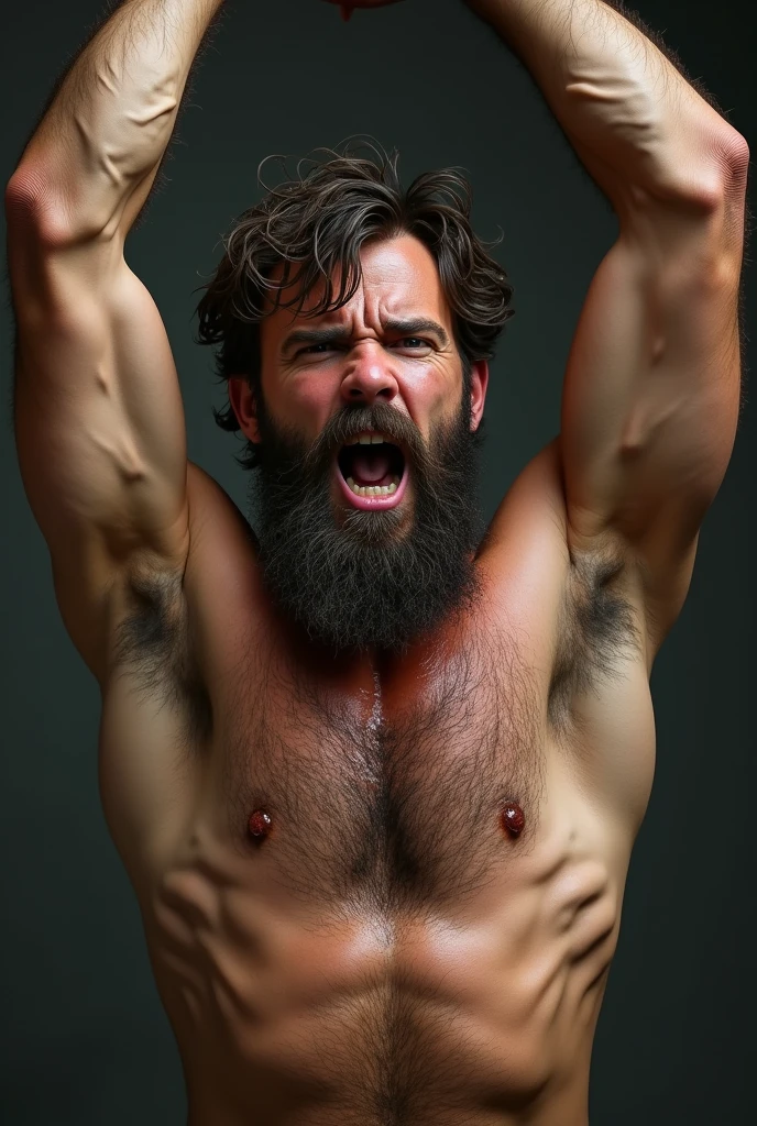 A hairy young man, hands up in the air ,showing his sweaty hairy armpits 
Photo should be realistic 