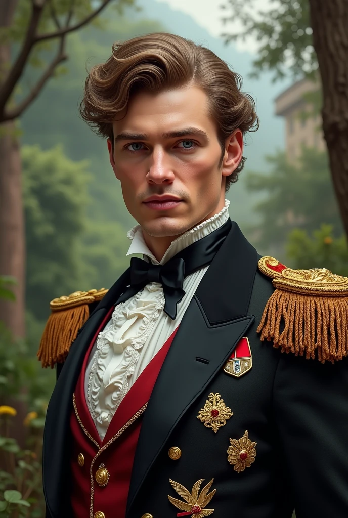 Handsome and manly man of 30 years old, prince of Monaco, Victorian era, extremely handsome, strong and vigorous, a perfectly fine and defined face. Light brown hair, skin very white, eyes blue like the clear sky and thick lips, dressed according to his rank with his battle insignia and in a Victorian landscape