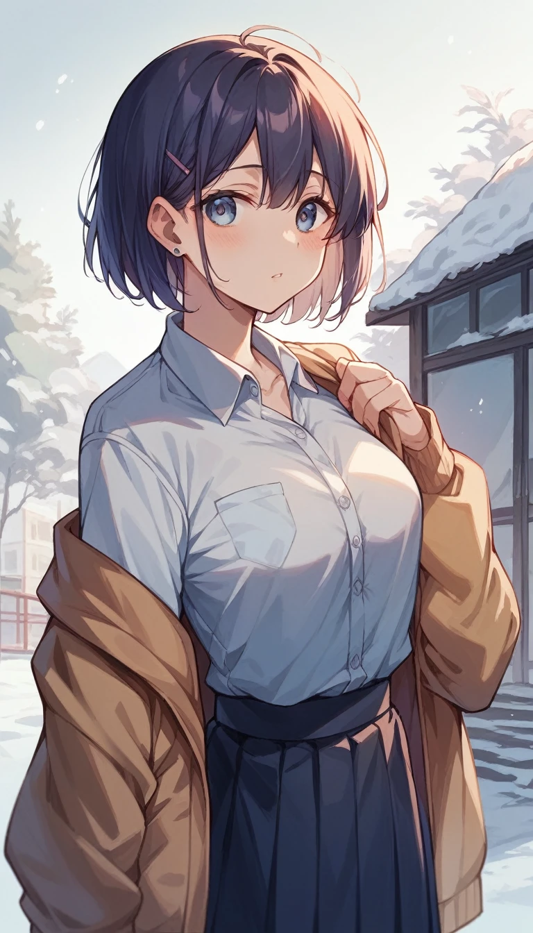 One Woman、beautiful girl、after school、evening、high school girl、School、Back of the school building、winter、Keyaki Tree々、Snow all over、it's snowing、Snowfall、Blazer Uniform、Pleated skirt、Duffle coat、Scarf、Black knee-high socks、Long Hair、Scarfを着用する、Highest quality、Ultra HD、 Black Pantyhose、Thick thighs、Big Ass、Black Hair、Black panties、White Breath