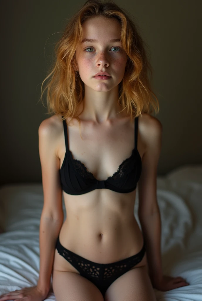 (best quality, masterpiece, highest detailed), (photorealistic:1.2), (detailed light:1.2), (Realistic skin texture:1.4), raw photo, charming young girl, red hair, short haircut, freckles,  green eyes, slender body, black bra, black thongs,  looking at the camera, simple black background, forelock on the chest, soft light passing through the hair