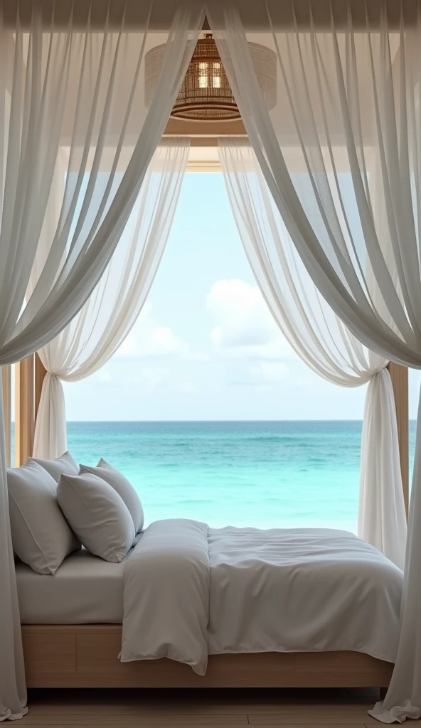 "A luxurious canopy bed in a beachfront villa, draped with sheer, white curtains that flutter gently in the ocean breeze. The bed is adorned with plush, white linens and soft, oversized pillows. The large windows open directly onto a private terrace with a view of the turquoise sea, creating an intimate and serene atmosphere for romance."