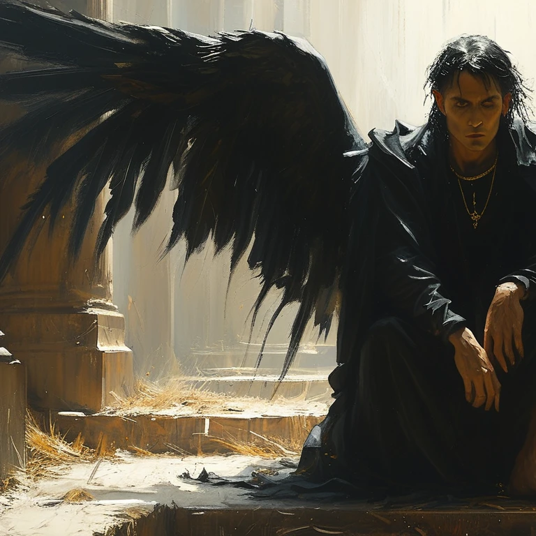 pintura de um homem com asas sentado em degraus em um quarto escuro, portrait of the death anjo, por Donato Giancola, inspirado em Lucas Graciano, ross tran 8k, Peter Mohrbacher Donato Giancola, tom bagshaw donato giancola, Rob Rey, por Shen Zhou, anjo, garoto alado, wlop jeremy lipkin, Direção: Tyler Jacobson