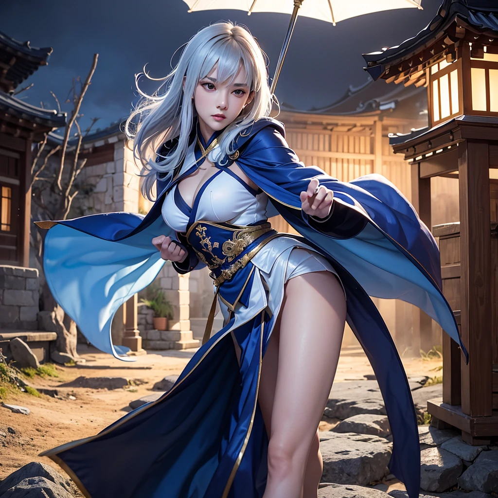 climbing a temple wall South korea ninja women mystery hooded on with modern royal Blue coat with long and wide sleeves with buttons and royal Blue cape and very high white heel over the knee and white gloves, As she reveals a small secret hidden blade coming from his palm , adding to the character's mysterious and agile appearance, with small movements of air on the cape,, in summer at night under the rain,medieval south korea house. sophisticated and highly detailed, ultra hd, realistic, hyper detailed, enhanced colours, ultra sharp focus, with vibrant, rich in details High quality, gorgeous, captivating, 8k, super detailed, stunning shadows, detailed lines, ready to make a murder
