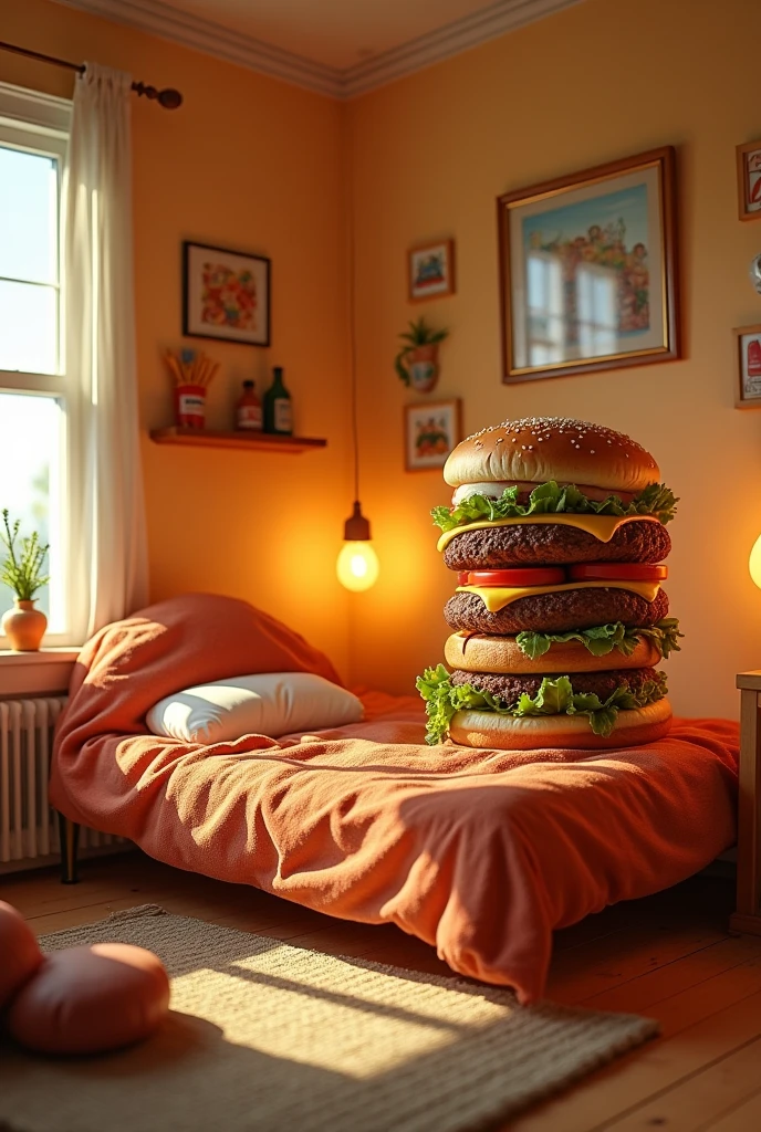 A room with bed 🛏️ sofa table made with burger 🍔