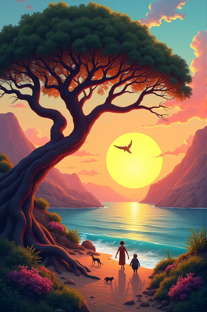 Create image about:
● a carob tree in the middle with a sunset.
● On the right side the Illescas islands that are in Sechura(along with it the Humboldt penguin, the sea wolf, in the air the Andean condor)
● On the left side the desert and the coastal fox.