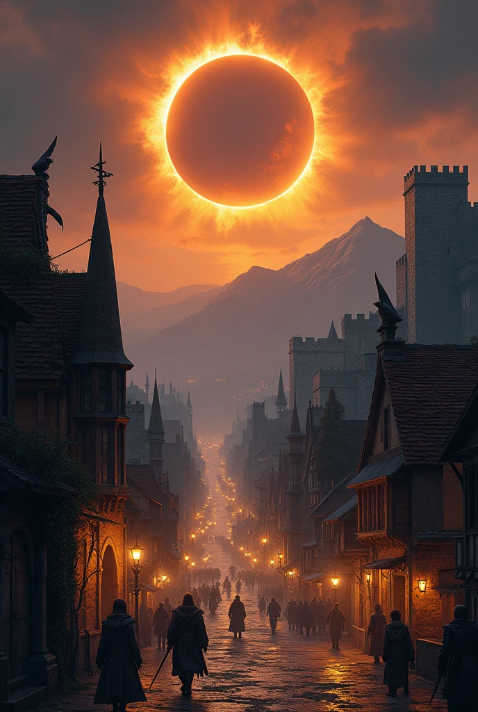 Crie uma cidade medieval de dungeons and dragons, do with an eclipse