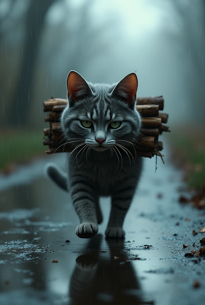an anthropomorphic cat, carrying firewood on his shoulders, walking alone in the rain, sad, rays, reflection in the water floor, ultra-realistic 3d 16k.