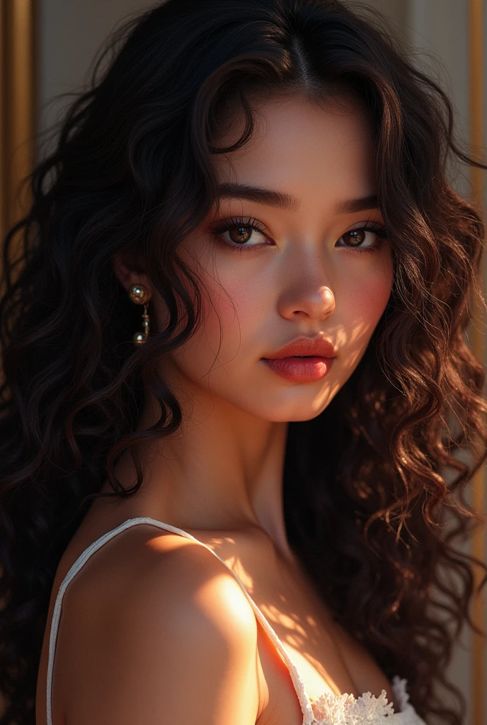 a curly haired girl, wavy long hair,beautiful detailed eyes, beautiful detailed lips, extremely detailed face, longeyelashes, (best quality,4k,8k,highres,masterpiece:1.2),ultra-detailed,vivid colors,hazbin hotel style,intricate,highly detailed digital painting,sharp focus,cinematic lighting,dynamic pose,cinematic angle