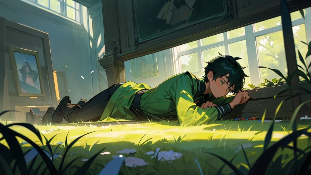 A 16-year-old boy lying in a green field, surrounded by various drugs. Suddenly, a small beam of light shines through a nearby window, catching his attention. The contrast between the light and the dark scene around him hints at a glimmer of hope amidst his isolation and turmoil.