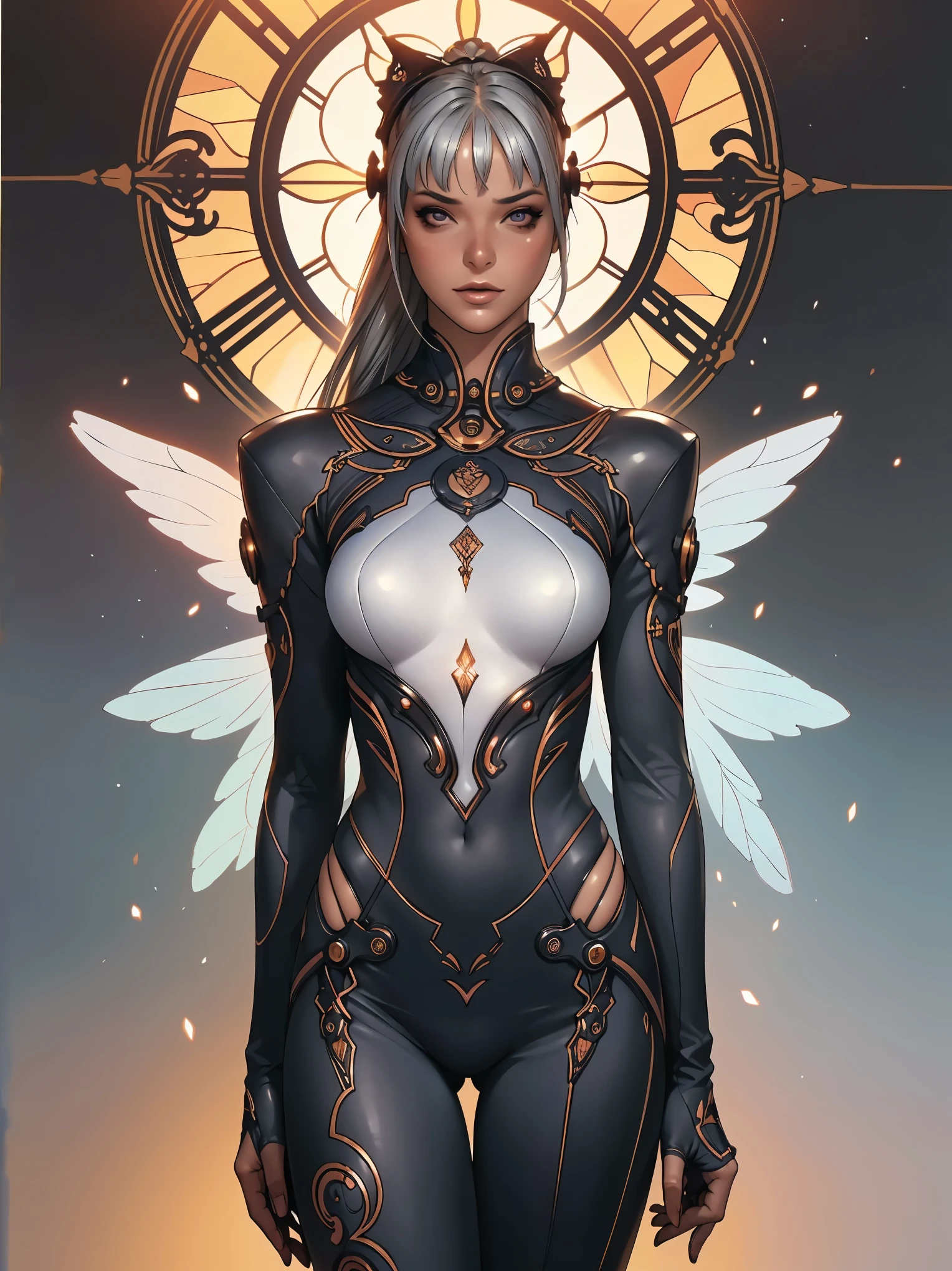 Cyber Angel Sunset,Window Stained with Blooming Mechanical Wings,laser sword,{{sfアーマー}},cyber suit,cyber punk,sf,Cyber Battle Armor,battle dress,'s uniform,pants,'s uniform pretoe,all-body,Height: 168cm,almond forma eyes,{{{{{silver eyes}}}}},{{{{{Blunt bangs}}}}},(tilted eyes},{{sexy all-body butt crack},{{{1 girl}}}, long hair, slickedback hair,{{{{silver hair}}}},{{{Tsurime}}},30 years old,{middle of the chest},{{shrub}},silver eyes,{{{work of art}}}, {{{highest quallity}}}, {{very detailledな}}, {forma}, {{Very delicate and beautiful}},very detailled,Detailed Perfection,hyper detailled,Plump Thighs,big-ass,black clothing, standing in front of the stained glass, dramatic sunset lighting, intrikate details, hyper realist, (best qualityer,ultra high resolution,work of art:1.2),ultra detali,(ultra realistic,photorrealistic profissional,photorrealistic:1.37),cinematic lighting,warm colours,volumetric lighting,beautiful detailed eyes,beautiful detailed lips,extreme detailed face,long eyelashes,(intrikate,ornated:1.2),chic,sophisticated,temperamental atmosphere,atmospheric, full body view, highy detailed, ultra-realistic, details Intricate, ((work of art,best qualityer)), ((cinematic light)), hyperrealisti, frightful, ダークファンタジー , detailed armor, capacete detalhado, realistic epic, missing, ((Neutral Colors)), (HDR:1.5), (subdued colors:1.2), hyper detailled, (Art Station:1.5), warm lights, Efeito de Luz, Dramatic light, (details Intricate:1.1), complex background, (Greg Rutkowski:0.8), (teal and orange:0.4), (Snow-Cold Whirlwind Lightning),(insano irrealengine5,epic masterpiece,max best qualityer, ultra-high definition XT3 ultra-high resolution),ultra detali,ultra sharp focus, Varia,multi, etc.. --v 6 --s 1000 --c 20 --q 500 --chaos 100