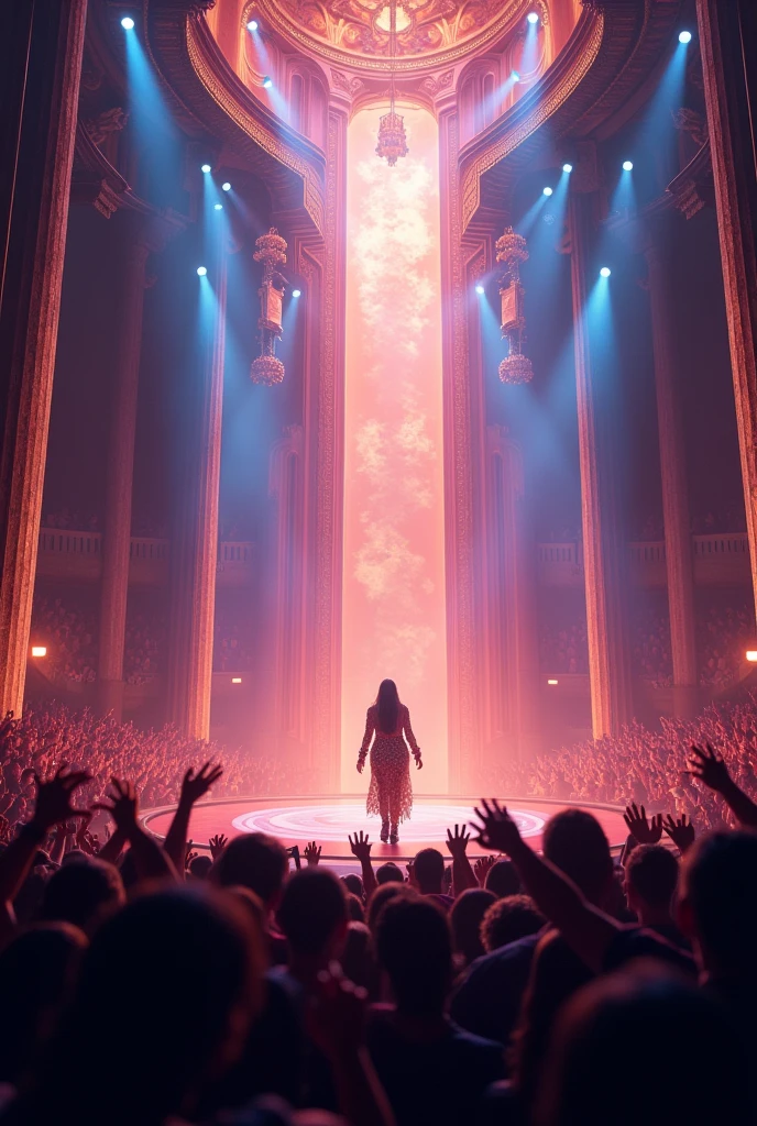 A stage full of people and someone coming in to sing with the applause of the people