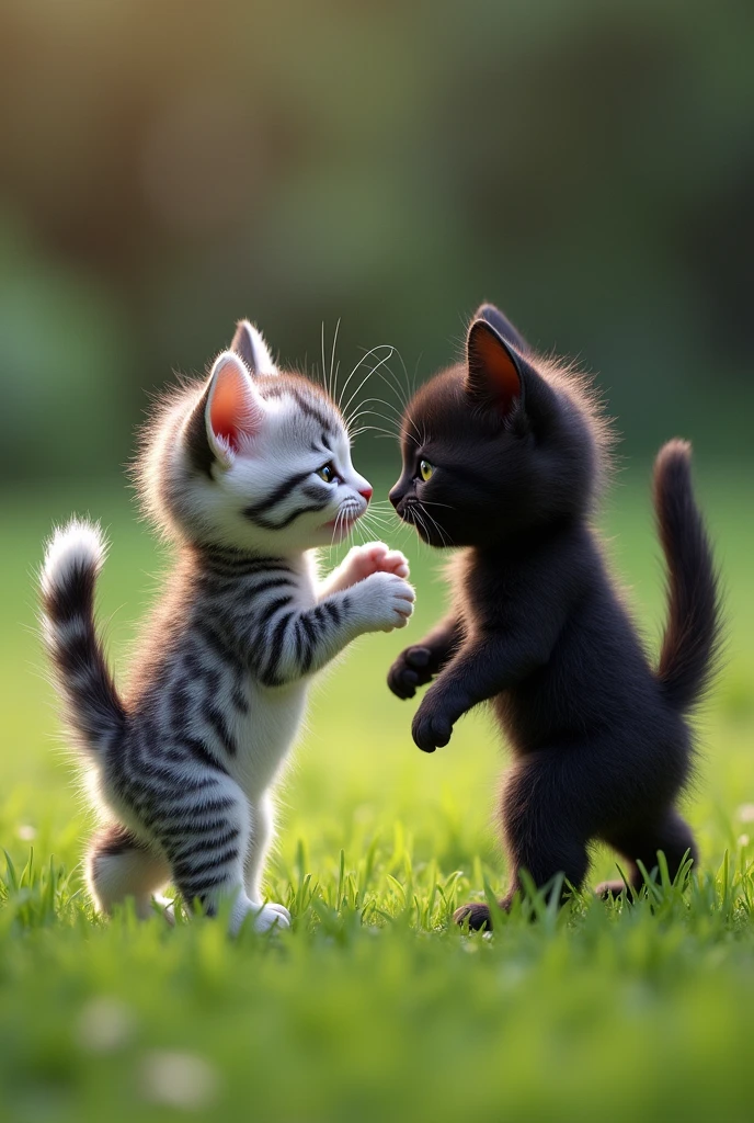 Two small kittens, Milo (gray and white) and Luna (black with white paws), staring at each other with arched backs and fluffed tails in a grassy yard. in angry mode looking for fight with each other