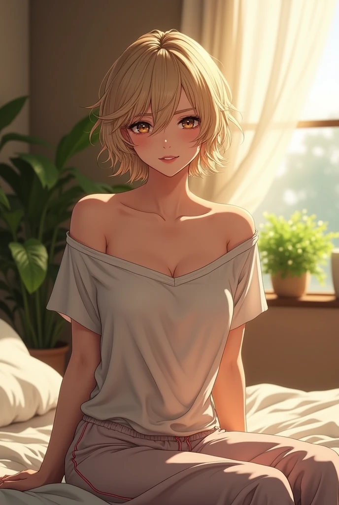 (photorealism:1.2), beautiful woman, sitting on bed, wearing loose off-shoulder top, pajama pants, short blonde hair, indoors, soft lighting, plants in background, window with sunlight, cozy room, relaxed pose, anime, intricate details, warm colors