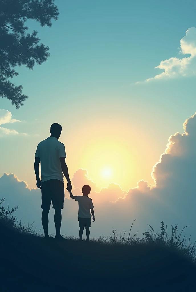 Incorporate elements of nature, such as a blue sky with a soft sun setting or rising, symbolizing new beginnings or the passage of time. A silhouette of a father and child in the foreground could add a personal touch.