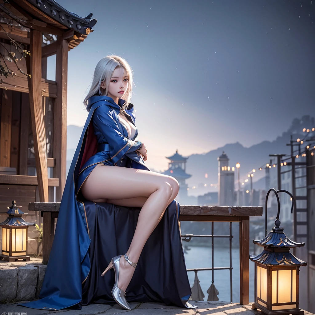 climbing a temple wall South korea women mystery hooded on with modern royal Blue coat with long and wide sleeves with buttons and royal Blue cape and very high white heel over the knee and white gloves, As she reveals a small secret hidden blade coming from his palm , adding to the character's mysterious and agile appearance, with small movements of air on the cape,, in summer at night under the rain,medieval south korea house. sophisticated and highly detailed, ultra hd, realistic, hyper detailed, enhanced colours, ultra sharp focus, with vibrant, rich in details High quality, gorgeous, captivating, 8k, super detailed, stunning shadows, detailed lines, ready to make a murder