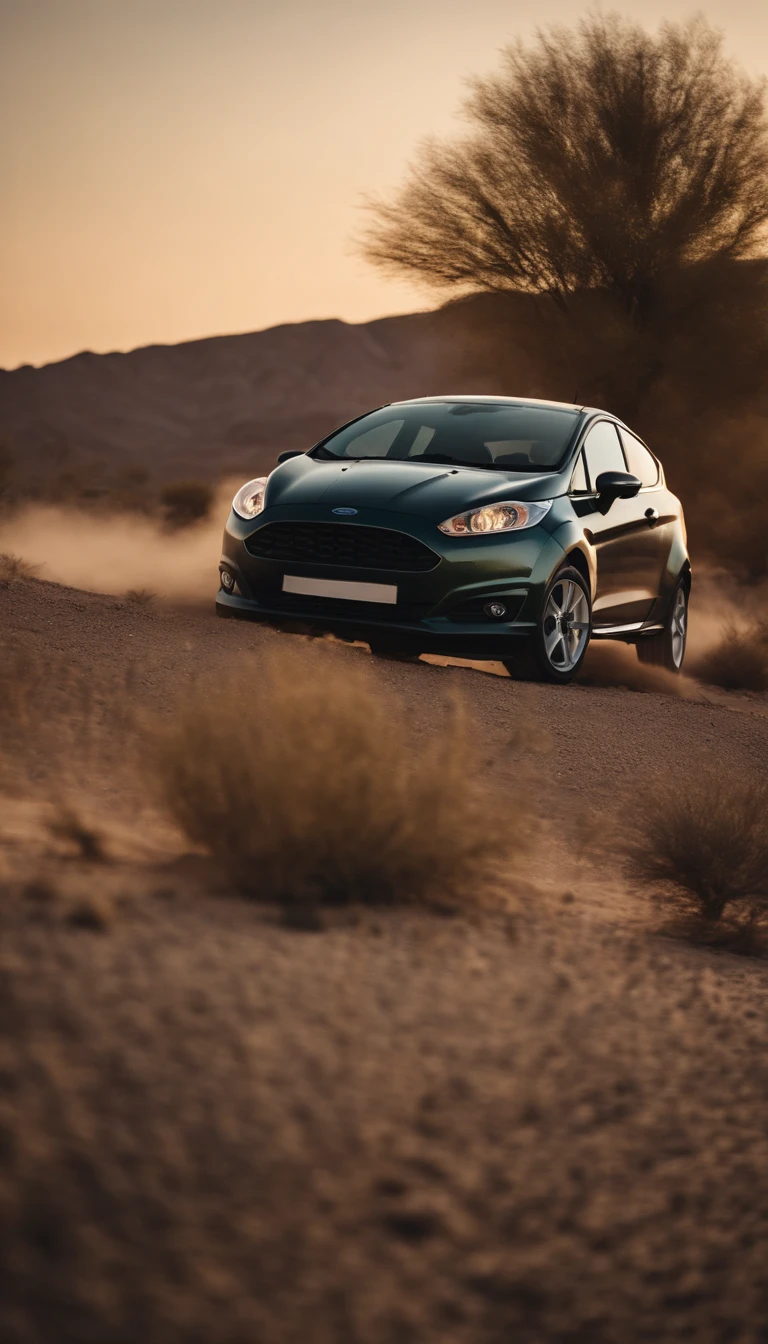 A Ford Fiesta on the road in desert weather