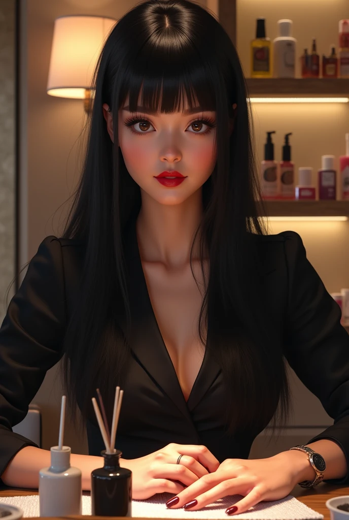 A manicurist girl with long straight hair and bangs on her forehead, very black in color, round face, slightly big and very black eyes, slightly thick lips, flat nose, sitting in a nail salon, dressed in black, dark red lips and brown skin.