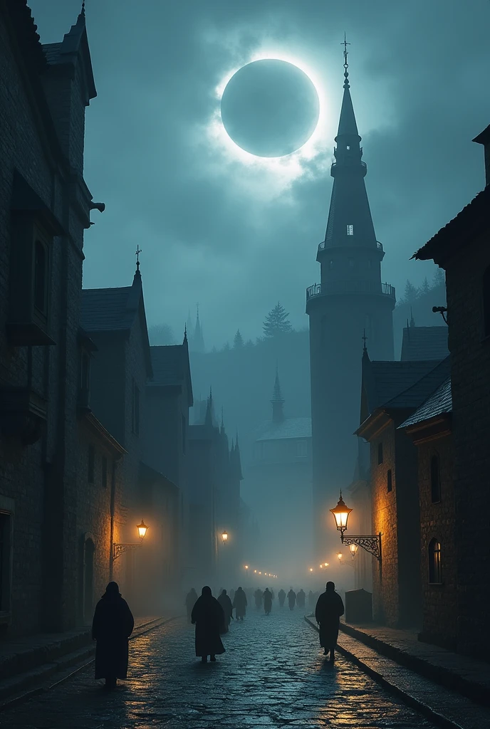 Crie uma cidade medieval de dungeons and dragons, do with an eclipse, make the city with a thick fog