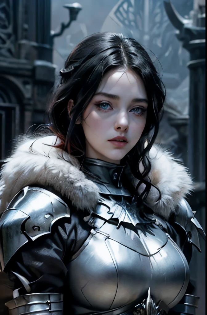 solo, 1girl, extremely fine and beautiful, photorealistic, (realistic skin), upper body focus, (insanely detailed anime eyes), (blue eyes), mature, goddess, milf, vivid and beautiful, shocking sensation, incredibly detailed, beautiful detailed woman, (covered breasts), (luscious lips), realistic eyes, realistic face, warrior, high cheekbones, (feminine medieval armor, white fur muffler), (lithe), (large—medium breasts:0.8), (plump thighs:0.8), (thin waist:1.0), (plump lips:1.0), red hair, Game of Thrones, A Song of Ice and Fire, Stormlands, Medieval character concept art, parted lips, small smile, movie lighting, weighted shadows, ((weighted black hair)), realistic physics, dark shadows, realistic lighting, shaded, shadowed background, long hair, blue eyes, more_details:1, (((Dame, Knight, Sellsword)))