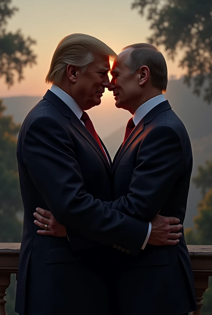 Trump and Putin on a romantic evening holding hands