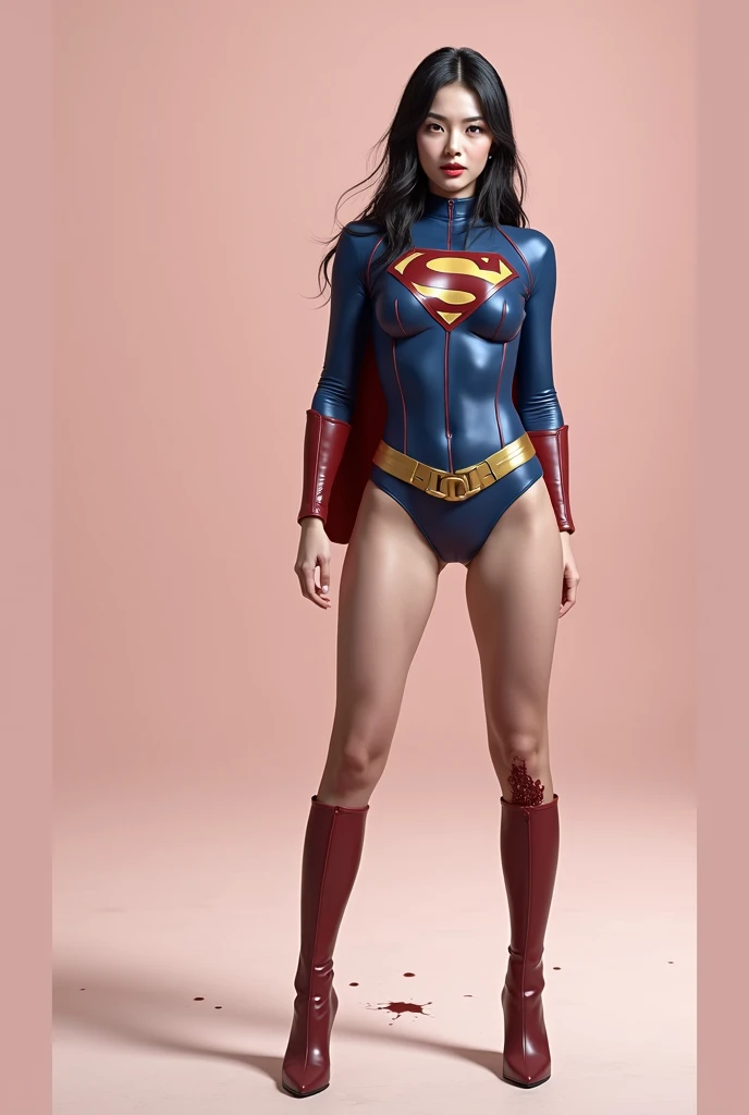 Wearing a Supergirl costume、The  of the beautiful Japanese girl Supergirl, covered in green liquid 、Beautiful Japanese Supergirl、close your eyes、Bleeding from the groin、Face in pain、spit blood from the mouth、Hanged、Dead、Vomiting blood、Dead