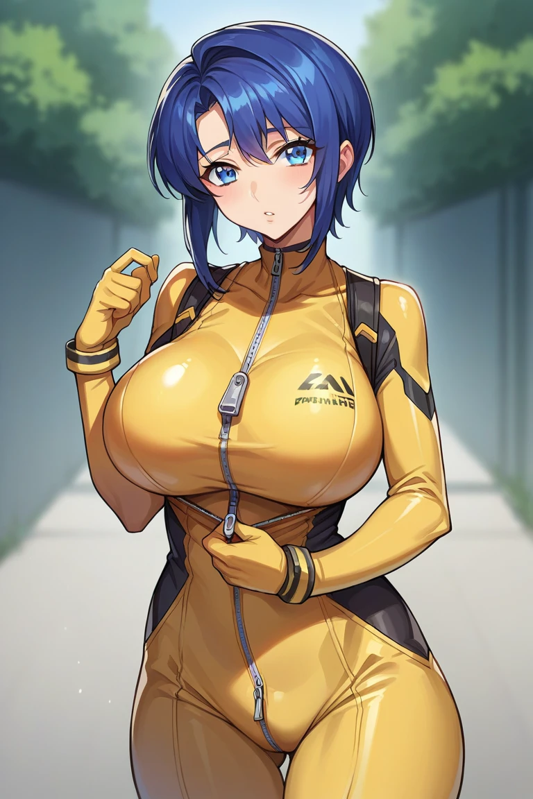 score_9, score_8_up, score_7_up, score_6_up, score_5_up, score_4_up, rating_questionable, , source_anime, digital illustration, pixiv, fanbox, official art, BREAK, 1 woman, solo, female, cecile croomy, blue hair, blue eyes, short hair, long sidelocks, bluah, huge breasts, yellow pilot suit, (zipper down:1.3), cowboy shot, looking at viewer, 