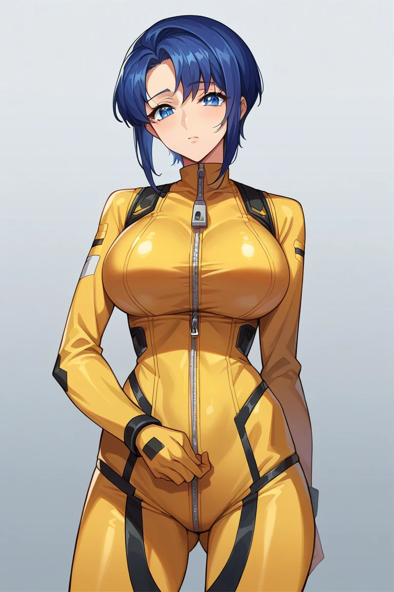 score_9, score_8_up, score_7_up, score_6_up, score_5_up, score_4_up, rating_questionable, , source_anime, digital illustration, pixiv, fanbox, official art, BREAK, 1 woman, solo, female, cecile croomy, blue hair, blue eyes, short hair, long sidelocks, bluah, huge breasts, yellow pilot suit, (zipper down:1.3), cowboy shot, looking at viewer, 