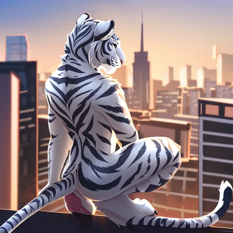 Solo, male, furry art, fursona, ((silver tiger)), white secondary, (perky ears), cool pose, city background, amazing art, masterfully executed, beautiful background, normal body, paws.