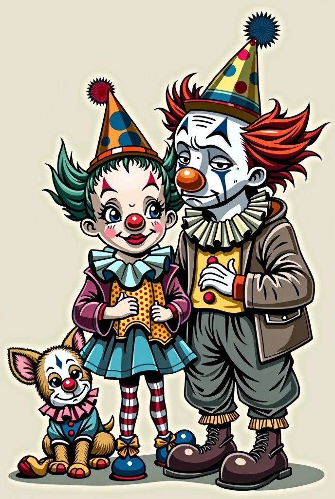 create a cartoon of a clown, black and white, sad man; a very colorful cheerful female clown, and a white and brown dog dressed as a clown.