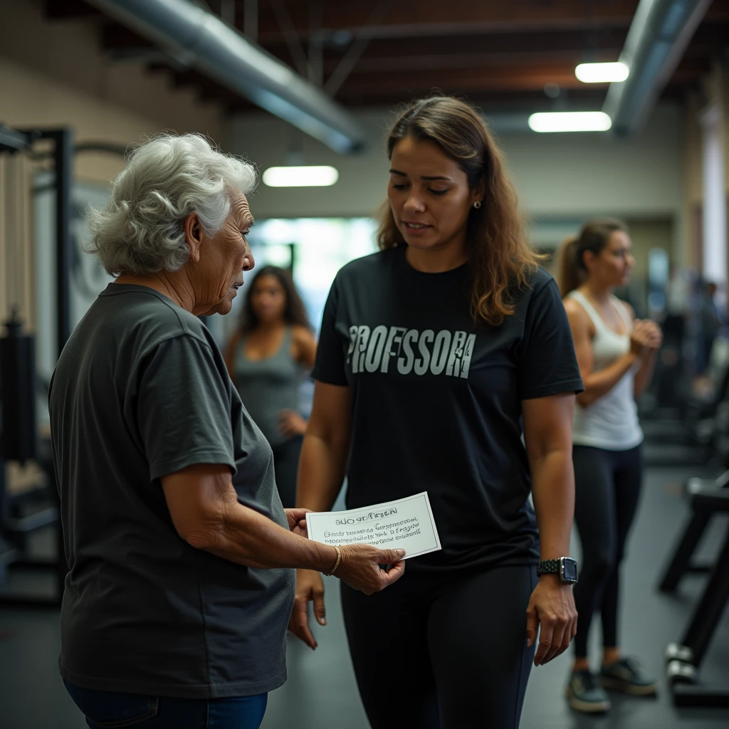 “Inside a bustling gym predominantly filled with women, the scene unfolds with various weight machines and exercise equipment in the background. In the foreground, prominently featured, stands an elderly Brazilian woman, 6, holding a small workout sheet that resembles a card in her hand. She looks visibly desolate and abandoned, deeply upset as she struggles to understand how to perform her exercises. Despite her clear need for assistance, she is left unattended. In the background, in the second plane of focus, the young gym instructor—a 24-year-old Black woman wearing a black t-shirt with ‘PROFESSORA’ boldly written in uppercase letters—is seen completely overwhelmed. The instructor is surrounded by three female students, all of whom are visibly frustrated and dissatisfied due to not receiving proper attention. The instructor’s inability to help the elderly woman, due to being overburdened with the other students, leaves the elderly woman feeling neglected and alone. The entire scene is set in a weight training gym with high-quality exercise machines, catering mainly to women.

The image should be captured with ultra-realistic quality using a Canon EOS R5 camera paired with an RF 50mm f/1.2L lens, known for its sharpness and depth of field, to emphasize the emotions in the foreground while keeping the background detailed. Lighting should be enhanced with a PolarPro QuartzLine ND filter for smooth contrast and balanced exposure. To achieve a warm, natural look, employ a Tiffen Glimmerglass filter, softening the harshness of the scene while maintaining detail. The final image should convey the intense emotions of abandonment and frustration, with the elderly woman in the foreground and the stressed instructor surrounded by upset students in the background.”