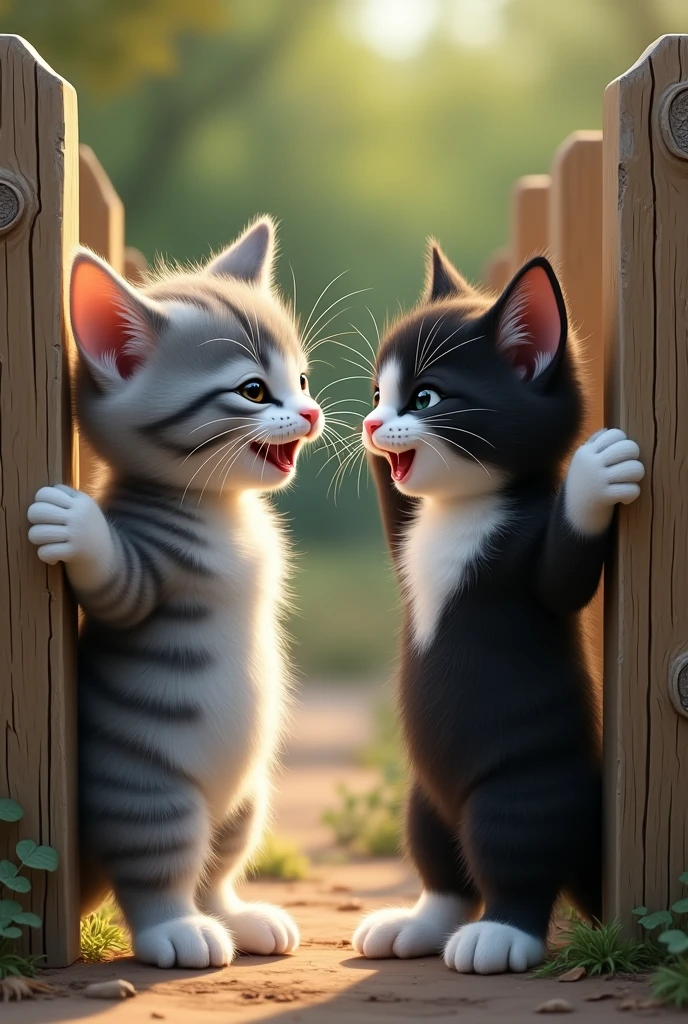 Two small kittens, Milo (gray and white) and Luna (black with white paws), Milo and Luna hissing at each other, standing on opposite sides of a fence, showing their rivalry.