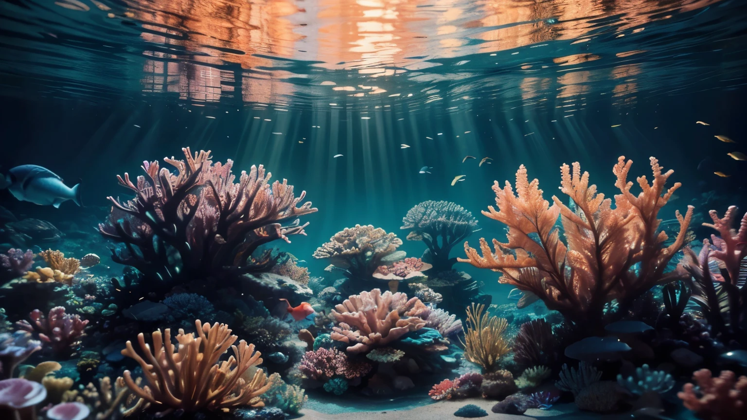 a breathtaking underwater scene, vibrant neon coral reef, colorful tropical fish, dramatic dynamic lighting, cinematic composition, luxurious high-end aesthetic, hyper-realistic, 8k, award-winning, masterpiece