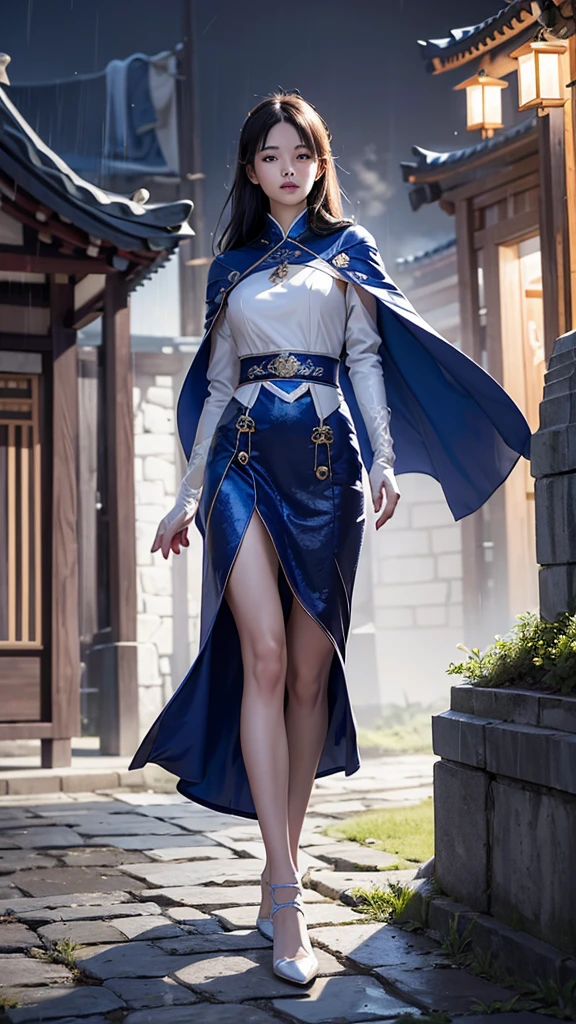 South korea assassin women mystery hooded on with modern royal Blue coat with long and wide sleeves with buttons and royal Blue cape and very high white heel over the knee and white gloves, As she reveals a small secret hidden blade coming from his palm , adding to the character's mysterious and agile appearance, with small movements of air on the cape, jump from roof to roof, in summer at night under the rain,medieval south korea house. sophisticated and highly detailed, ultra hd, realistic, hyper detailed, enhanced colours, ultra sharp focus, with vibrant, rich in details High quality, gorgeous, captivating, 8k, super detailed, stunning shadows, detailed lines, blood stain on coat and gloves, corpses in the street recently murdered