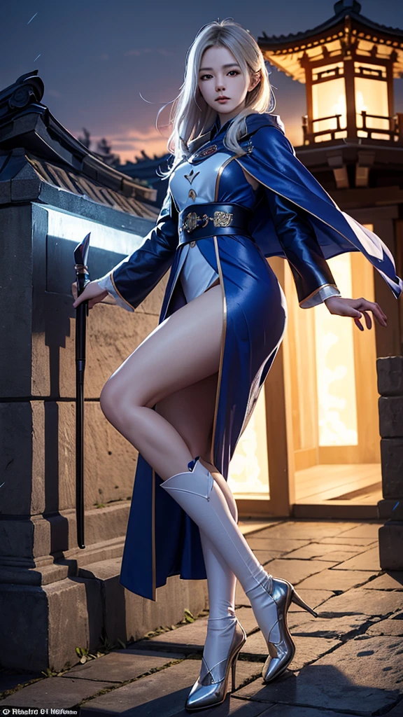 climbing a temple wall South korea women mystery hooded on with modern royal Blue coat with long and wide sleeves with buttons and royal Blue cape and very high white heel over the knee and white gloves, As she reveals a small secret hidden blade coming from his palm , adding to the character's mysterious and agile appearance, with small movements of air on the cape,, in summer at night under the rain,medieval south korea house. sophisticated and highly detailed, ultra hd, realistic, hyper detailed, enhanced colours, ultra sharp focus, with vibrant, rich in details High quality, gorgeous, captivating, 8k, super detailed, stunning shadows, detailed lines, ready to make a murder