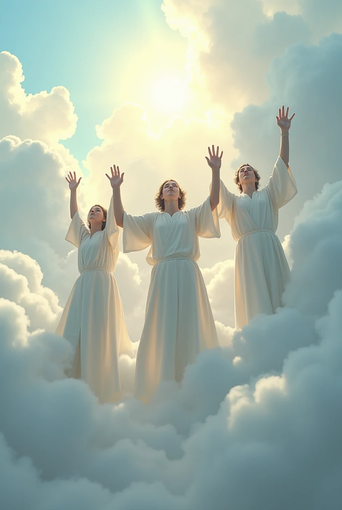 Create a group of men and women dressed in white robes flying towards the sky among the clouds with their hands raised .