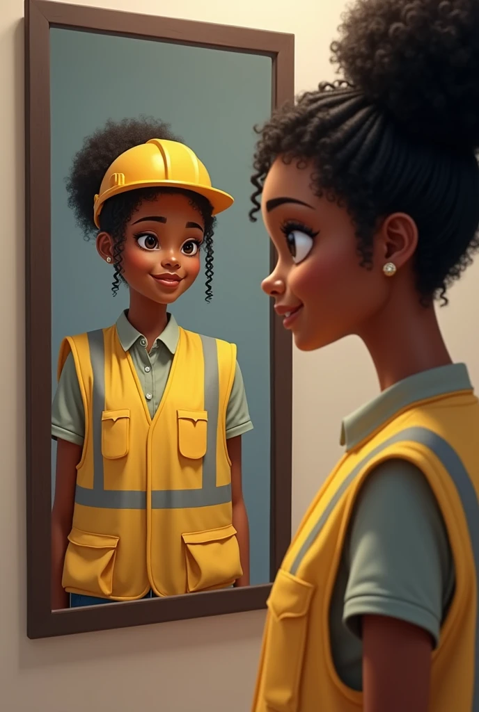 Une jeune fille noir qui a des cheveux un peu crepus et se fait un chignon , elle se regarde dans un miroir et elle voit son reflet qui est un peu mature et habillé avec l'uniforme complet d'un ingénieur civil( avec le gillet jaune, casque jaune et des bottes). Elle l’a voit sourire avec elle ce qui l’assure. Je ne veux pas des images d'enfants car elles