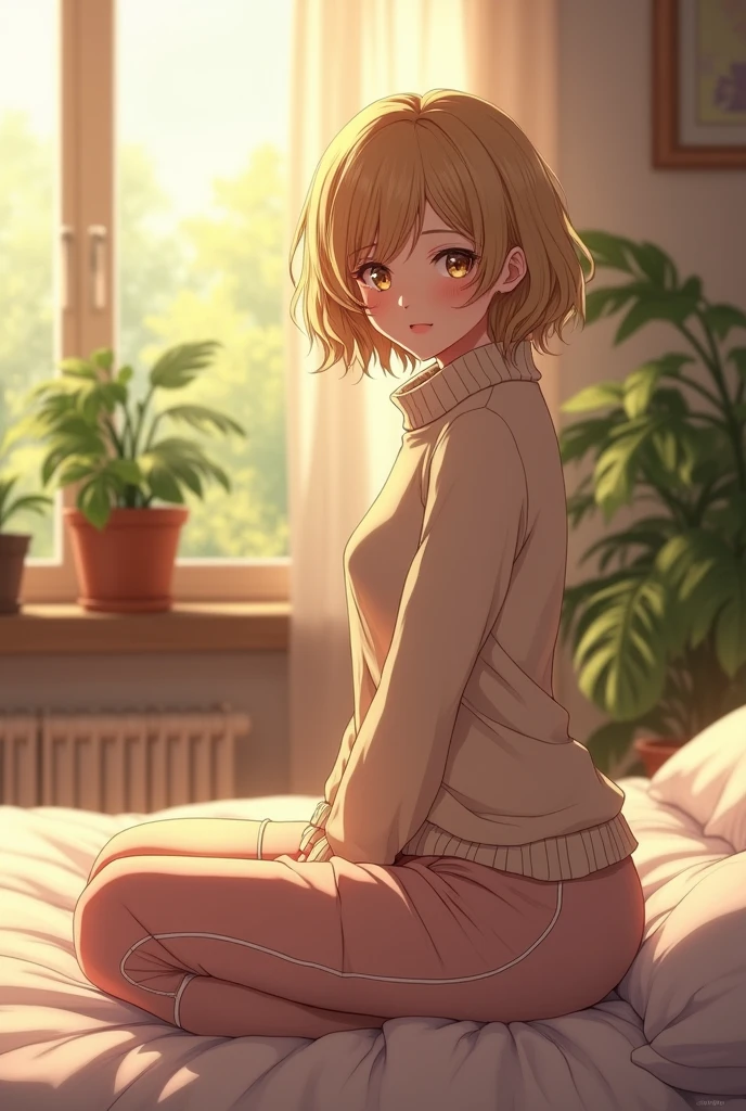 (photorealism:1.2), beautiful woman, sitting on bed, wearing turtleneck sweater, pajama pants, short blonde hair, indoors, soft lighting, plants in background, window with sunlight, cozy room, relaxed pose, anime, intricate details, warm colors