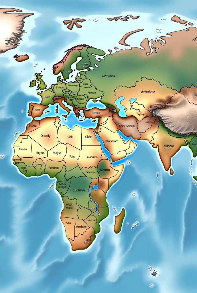 Generates a world map where Europe, America and Asia can be seen