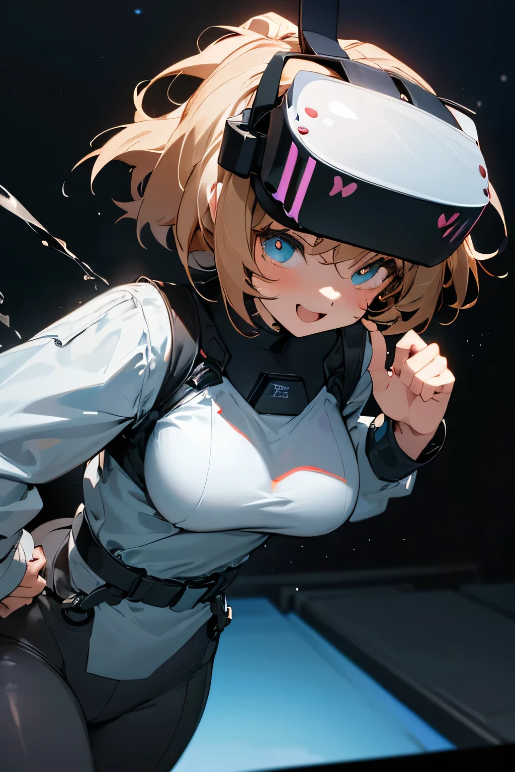 Highest quality、High resolution、Detailed Background、(Beautiful face in every detail:1.4)、Anatomically correct、(Normal number of fingers:1.2)、Highly detailed face、Detailed eyes、10-year-old anime girls、(Huge breasts:1.2)、Perfect body line、Light color hair、Bobcut、ponytail、well-groomed eyebrows、Extremely excited、
(Excited girl wearing VR goggles in a dark room:1.5)、
His eyes are wide open and he is immersed in the experience inside the goggles.、Mouth slightly open or smiling widely、A part of the body is moving slightly、Your hands are shaking slightly or your body is swaying back and forth、A slight redness on the face and neck due to an increased heart rate、Totally immersed