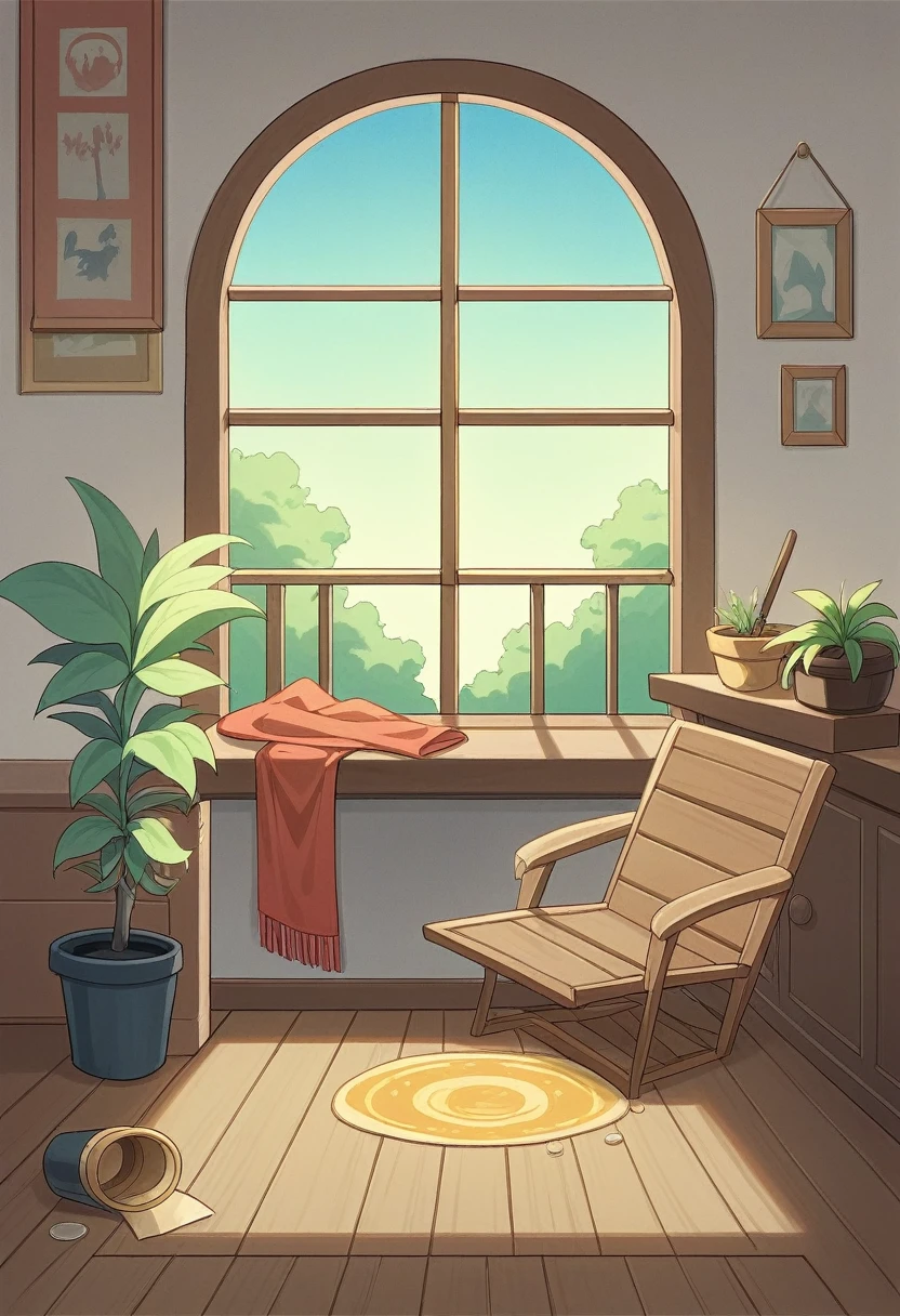 Imagine a quiet night in a small house in the countryside, where a black-haired Schipperke is lying comfortably on a soft rug on the wooden porch. She is wearing a red scarf that contrasts delicately with her dark coat.. The porch is lit by a soft yellow light emanating from an old lantern hanging above the door., criando um ambiente acolhedor. No fundo, the night sky is a deep sea of dark blue, dotted with twinkling stars and a full moon shining brightly. The distant sound of crickets and the gentle wind rustling the leaves complete the scene.. potted plants, a rocking chair and a forgotten cup of tea on the table next to it reinforce the relaxing and introspective vibe, typical of a LOFI animation. The color palette is made up of warm, earthy tones, that blend with the blue of the night sky, creating an atmosphere of peace and serenity. The scene is like a vintage painting with a soft texture, where the past and the present meet, bringing a feeling of nostalgia and warmth.