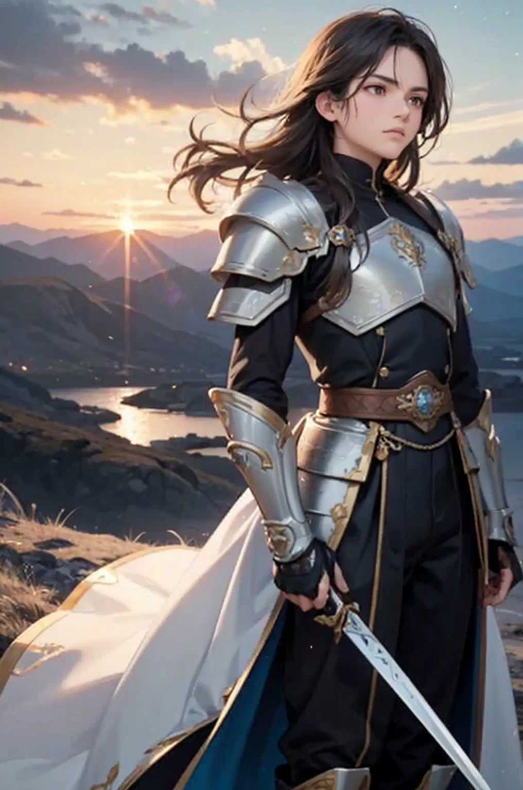 Create an image of André as a courageous guardian, depicted as a white person with fair skin and dark brown, slightly wavy hair, at medium length, moving with the wind. He should be in a leadership pose on top of a mountain, gazing determinedly at the horizon. Surrounding him is a wild landscape with towering mountains and a dramatic dusk sky, with heavy clouds and a setting sun. He wears modern armor, made of silver metal with blue and gold accents, holding an ancient sword that glows with an inner light, symbolizing his courage and inner strength. The color palette should include shades of gray, silver, blue, gold, and a touch of orange from the sunset, and the artistic style should be epic and realistic, conveying André's greatness and masculinity.
